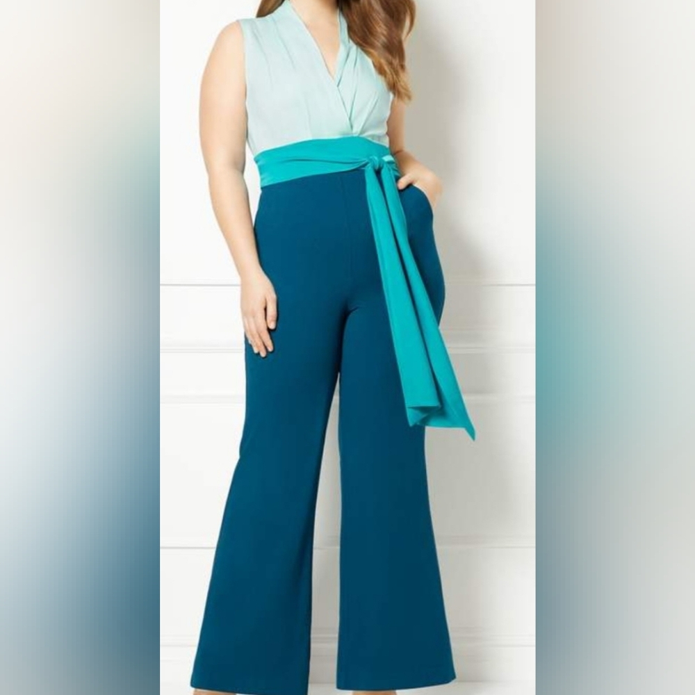 Eva Mendes for New York &Co. Colorblock Aqua &Teal Wide Leg Jumpsuit, Pockets XS